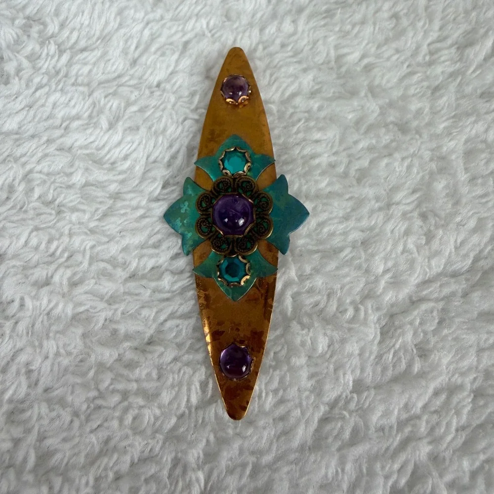 Vintage Copper Verdigris Brooch Purple Teal Crystal‎ Floral Filigree Pin 2.5